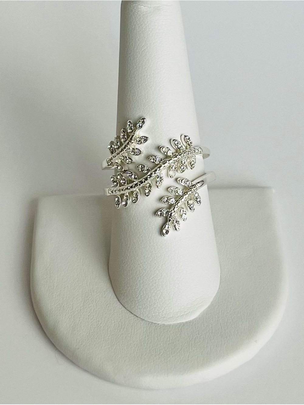 Charter Club Fine Silver Plate Crystal Leaf Wrap Ring Size 8